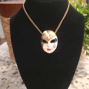 Gold and White Mask Pendant Necklace